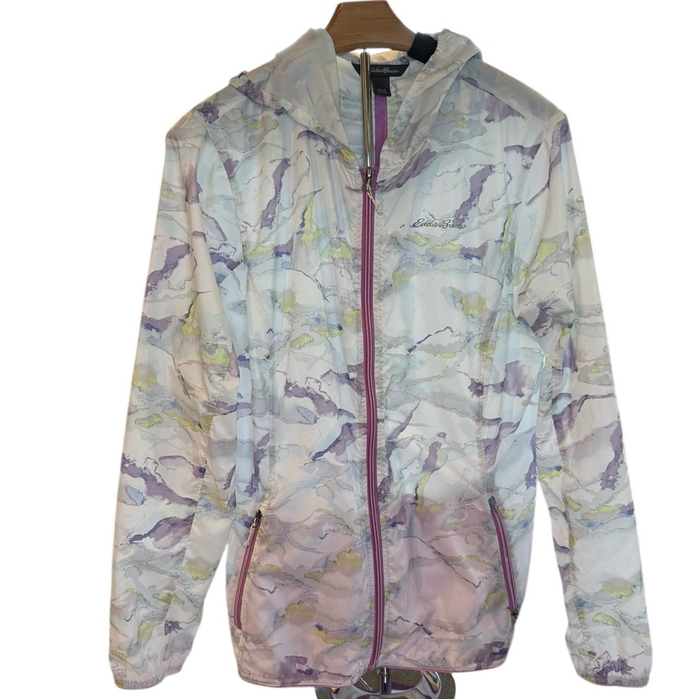 Eddie Bauer Women's Jacket Rain WindBreaker Size Large Lavender White Abstract